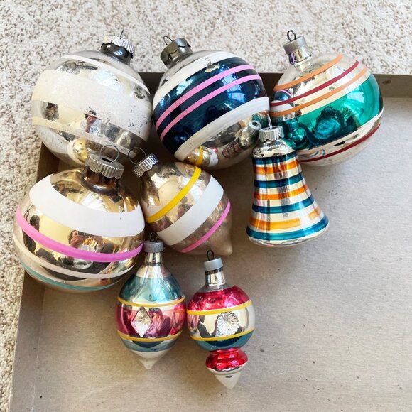 Vintage Shiny Brite Lot of 8 Mercury Glass Striped Ornaments Balls Bells - Picture 1 of 6